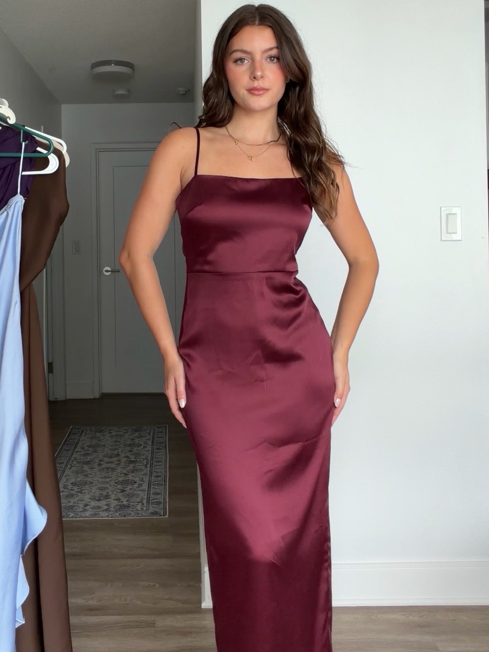 RIHOAS Burgundy Satin Maxi Slip Dress with Spaghetti Straps
